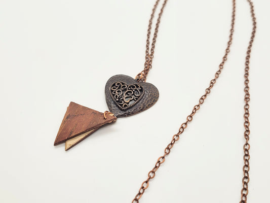 Antique copper necklace with birch bark and antique copper pendants