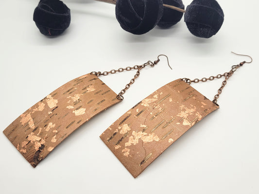 Large birch bark earrings with copper design, antique copper