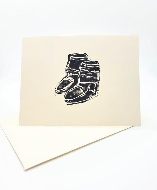 Mukluks, moccasins greeting card, lino print