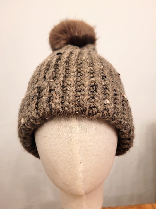 Army green wool and acrylic hat with brown faux pompom