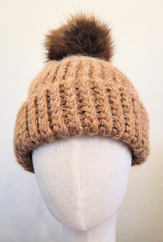 Caramel green wool and acrylic hat with brown faux pompom