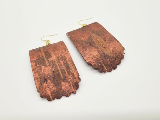 NEW DESIGN! Dark birch bark earrings with copper design, 14K gold plated earring hooks