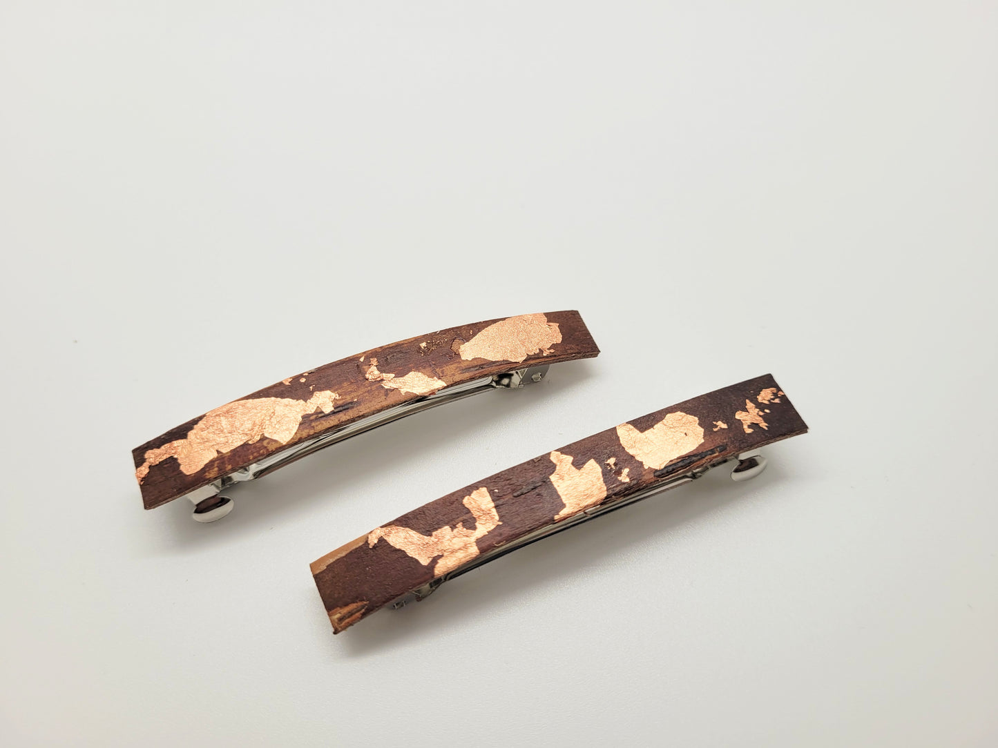 Large birch bark barrettes with copper design