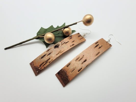 Long birch bark earrings with sterling silver earring hoops