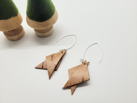 Birch bark earrings with oval sterling silver hoops