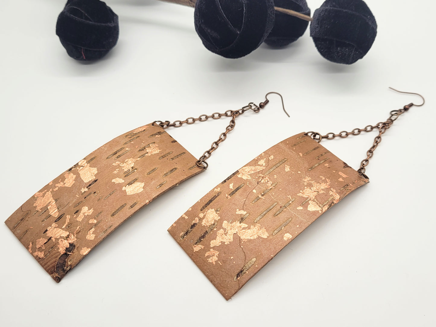 Large birch bark earrings with copper design, antique copper