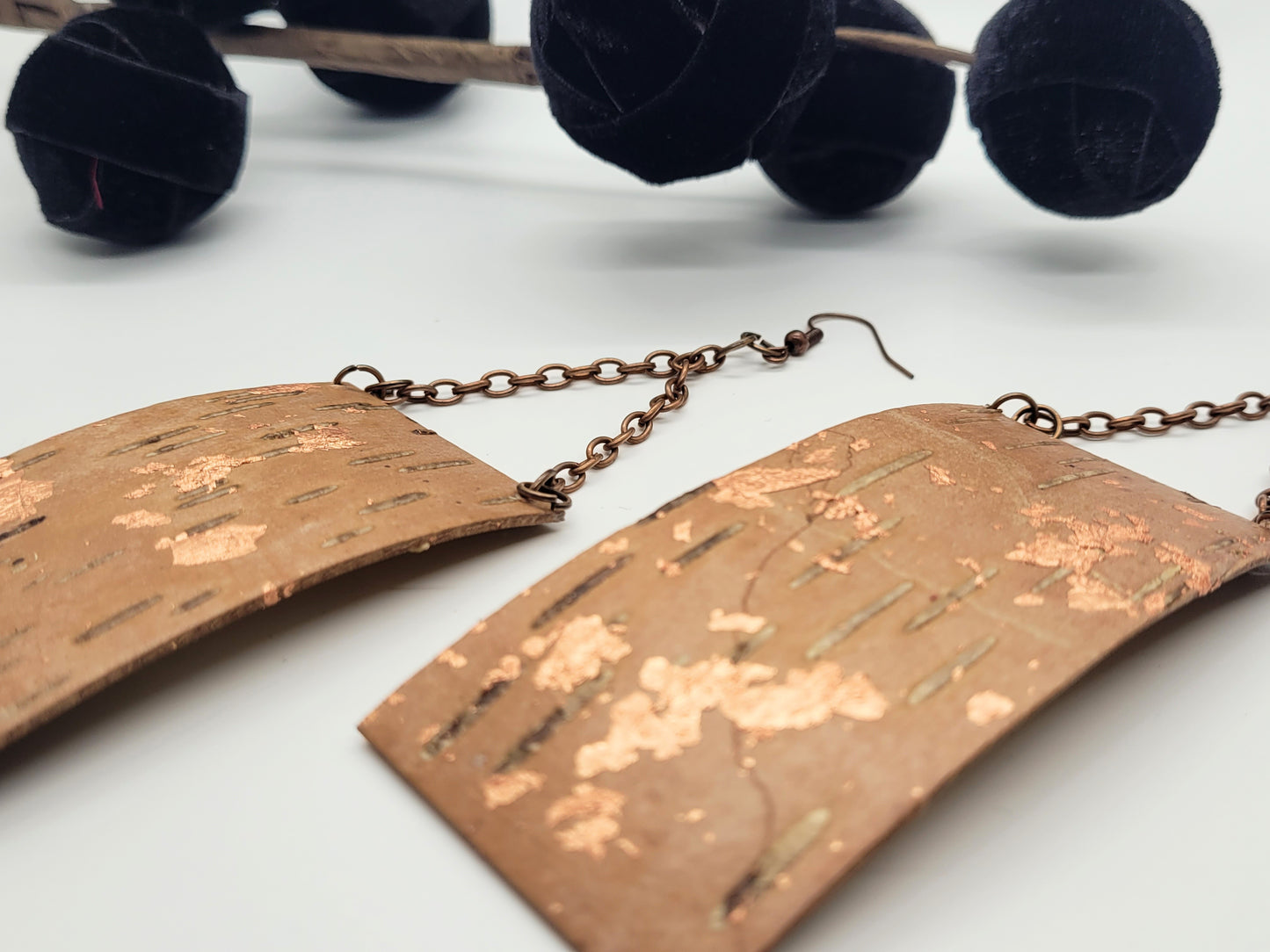 Large birch bark earrings with copper design, antique copper