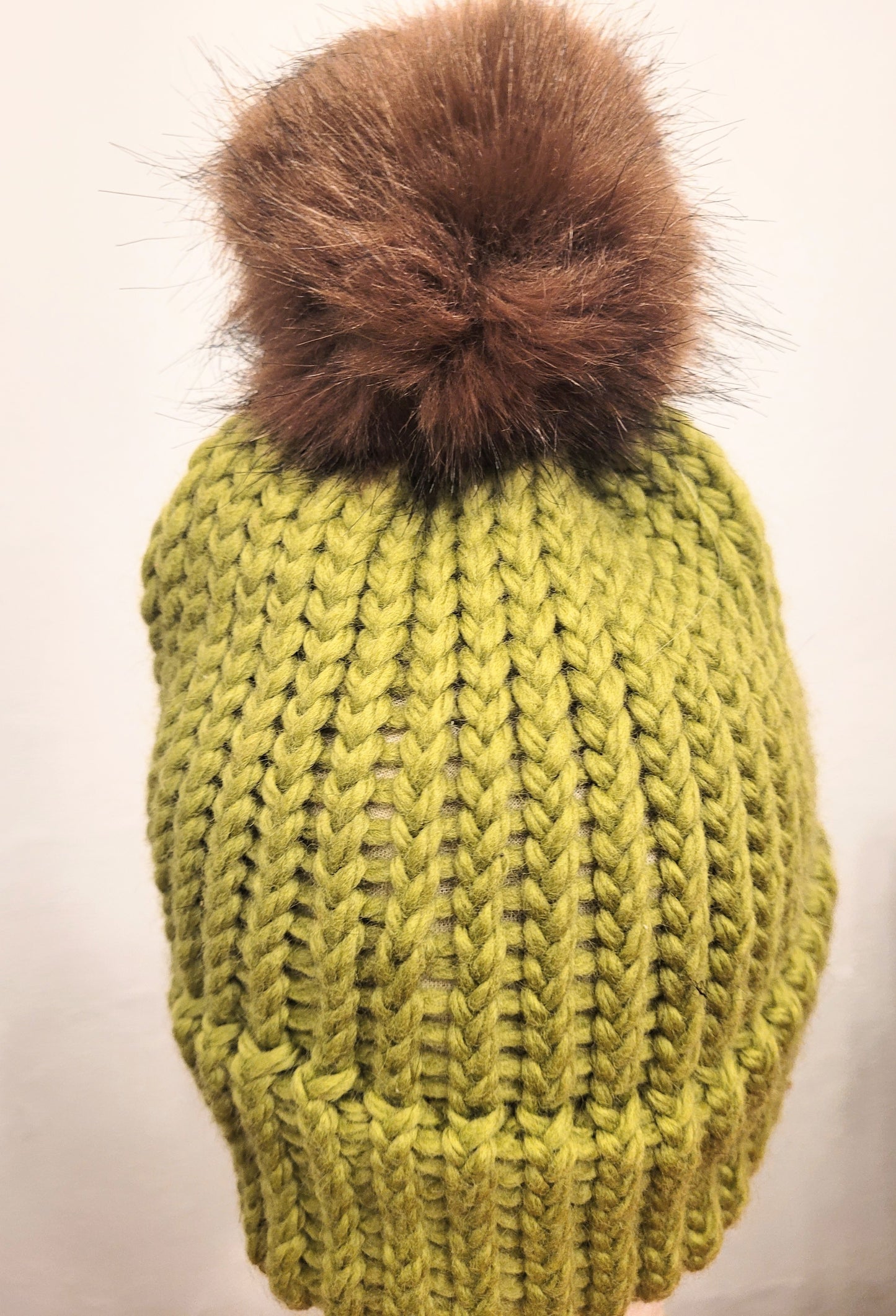 Caterpillar green wool and acrylic hat with brown faux pompom