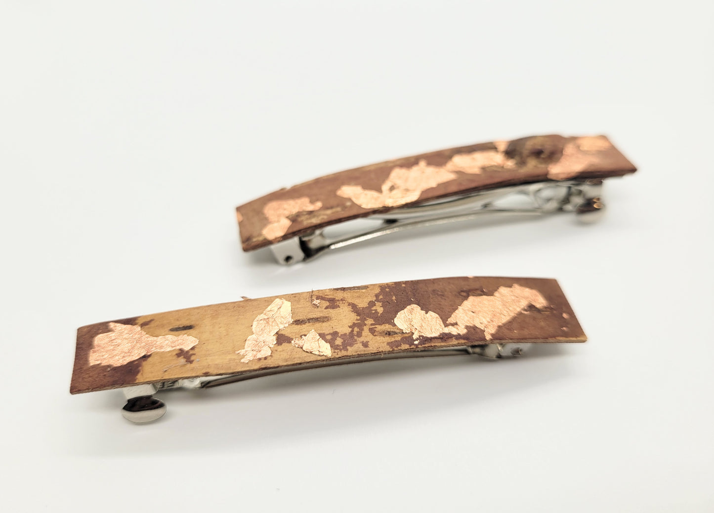 Large birch bark barrettes with copper design