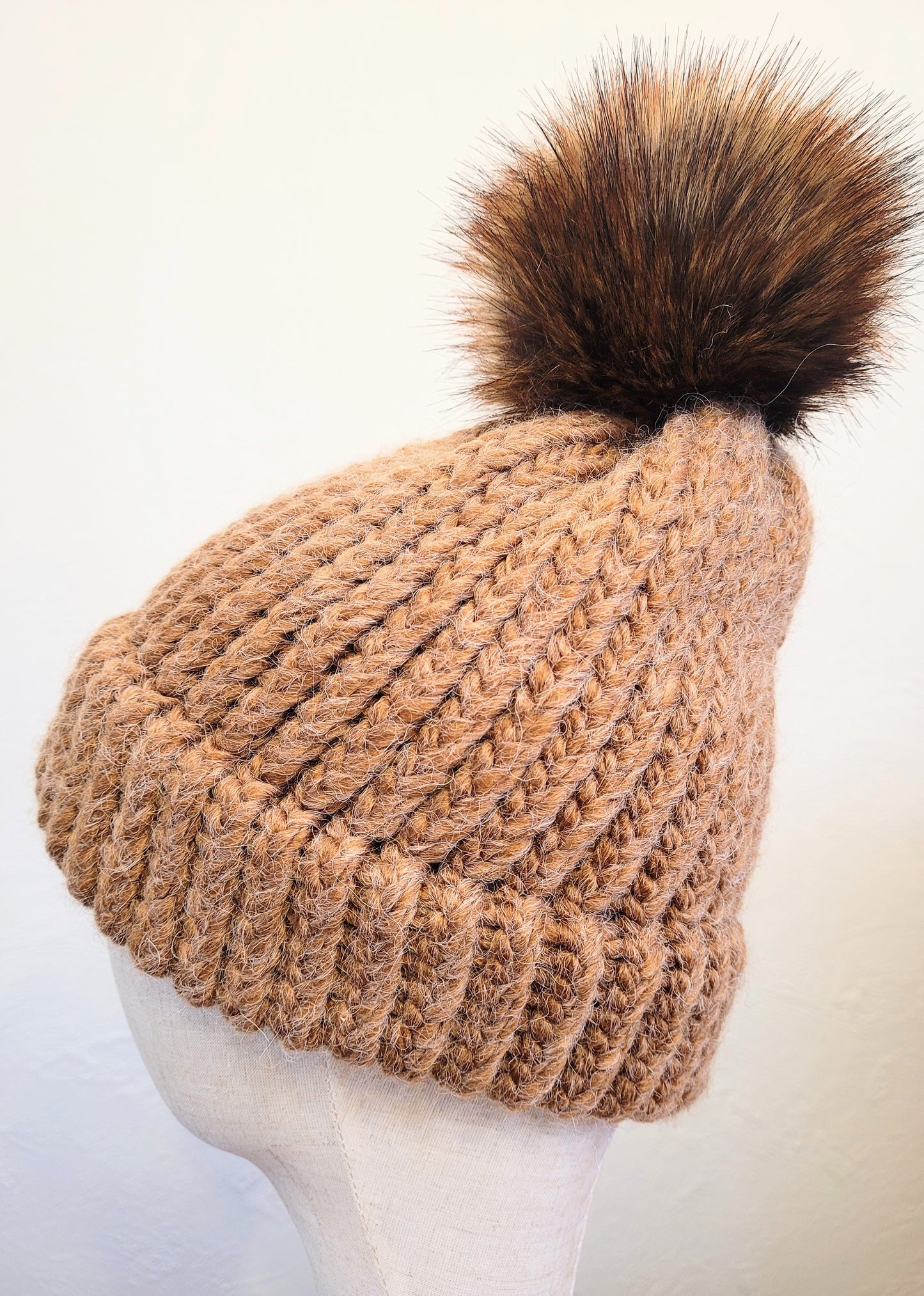 Caramel green wool and acrylic hat with brown faux pompom